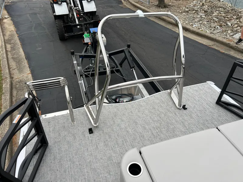 Slide: The Image of 2025 South Bay LE 222 UL pontoon boat on trailer, rear view. - 15