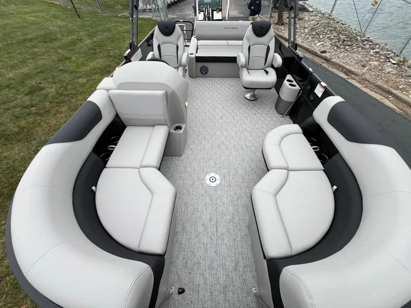 Slide: The Image of 2025 South Bay LE 222 UL pontoon boat with spacious seating and modern design. - 6