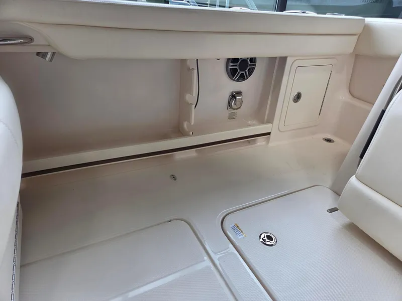Slide: The Image of 2025 Grady-White Freedom 285 boat interior, featuring storage compartments and speaker. - 9