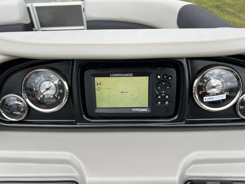 Slide: The Image of Dashboard of 2025 South Bay 222 RS LE with Lowrance GPS and gauges. - 20