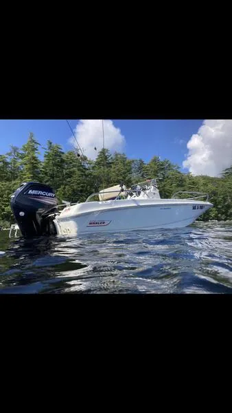 Slide: The Image of 2018 Boston Whaler 170 Dauntless boat on a scenic lake. - 2
