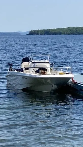 Slide: The Image of 2018 Boston Whaler 170 Dauntless boat docked on a serene lake. - 6