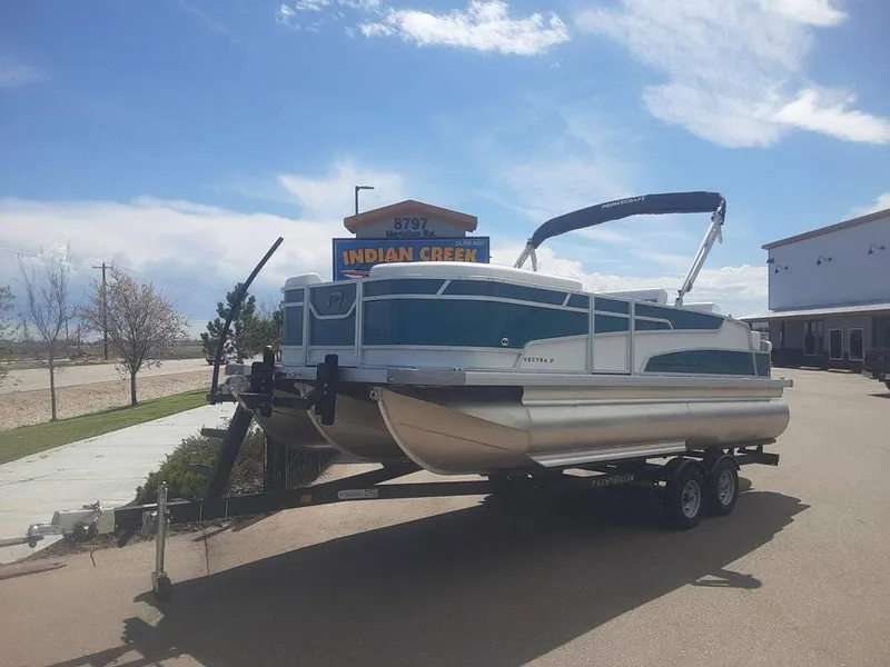 Slide: The Image of 2024 Princecraft Vectra 21 RL pontoon boat on trailer at Indian Creek. - 8