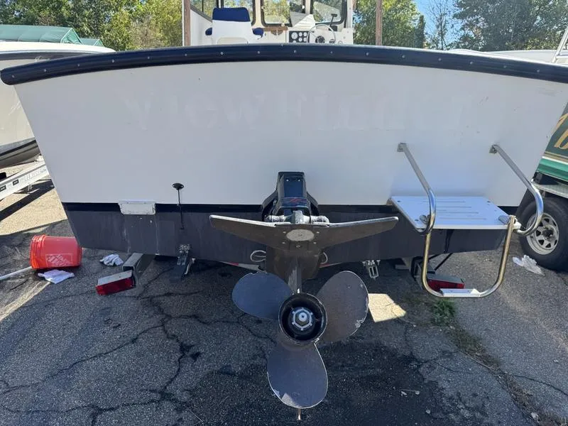 Slide: The Image of 1996 Eastern 27 Lobster Fisherman boat, rear view with propeller and swim platform. - 12