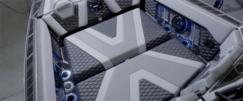 Slide: The Image of Luxurious interior of 2022 Pavati AL26 boat with modern seating and blue LED lighting. - 2