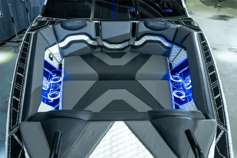 Slide: The Image of 2021 Pavati AL26 boat interior with modern seating and blue LED lighting. - 3