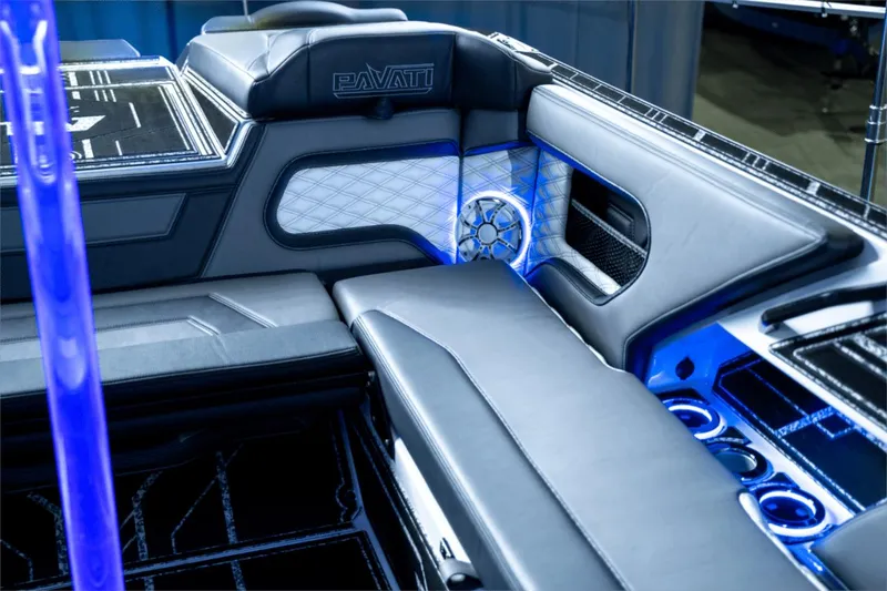 Slide: The Image of Luxurious interior of 2021 Pavati AL26 boat with sleek seating and ambient lighting. - 4