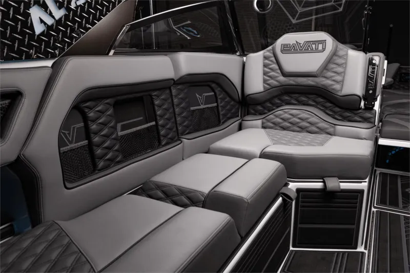 Slide: The Image of Luxurious interior of 2023 Pavati AL26 boat with quilted leather seating. - 2