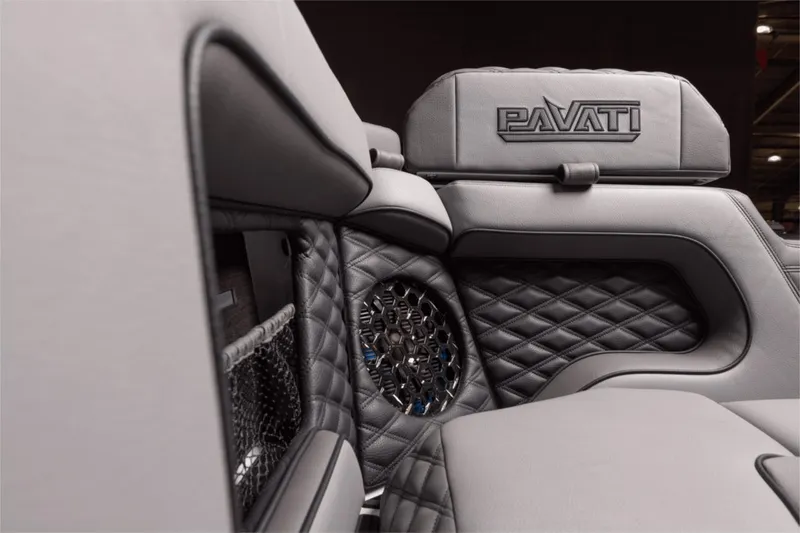 Slide: The Image of Luxurious interior of 2023 Pavati AL26 boat with quilted leather and speaker detail. - 4