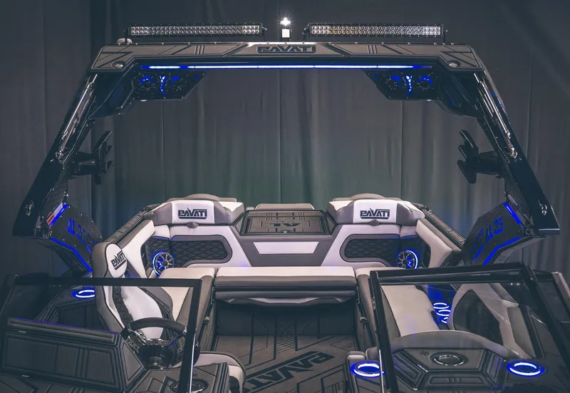 Slide: The Image of 2021 Pavati AL26 boat interior with modern design and ambient lighting. - 2