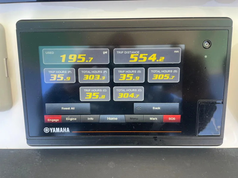 Slide: The Image of Yamaha display showing trip data on 2019 Regulator 34 boat. - 15