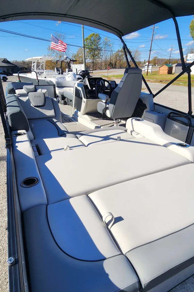 Slide: The Image of 2025 Avalon Platinum Catalina 2585 VRB pontoon boat with spacious seating and modern design. - 11