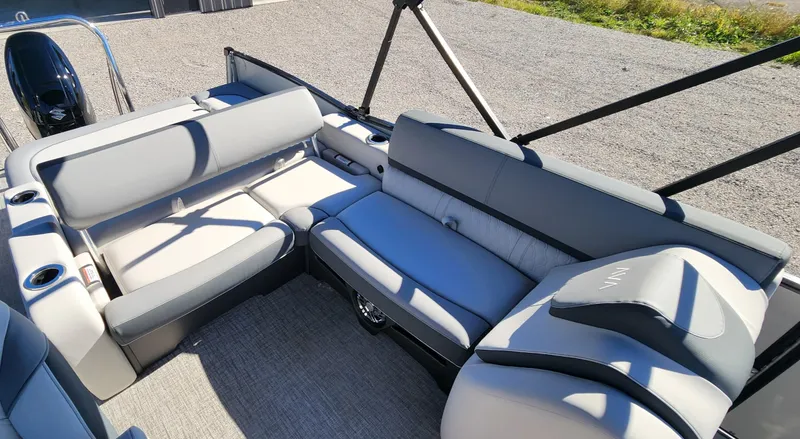 Slide: The Image of 2025 Avalon Platinum Catalina 2585 VRB boat interior with luxurious seating and modern design. - 8