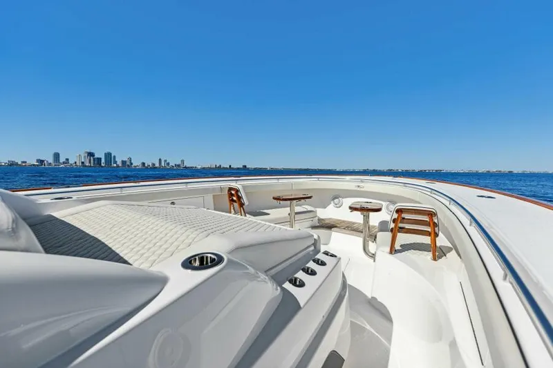 Slide: The Image of 2024 Valhalla V55 boat deck with city skyline in background. - 19