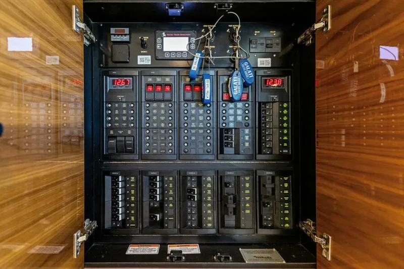 Slide: The Image of Electrical panel inside 2024 Valhalla Boatworks V55, showcasing circuit breakers and control systems. - 26
