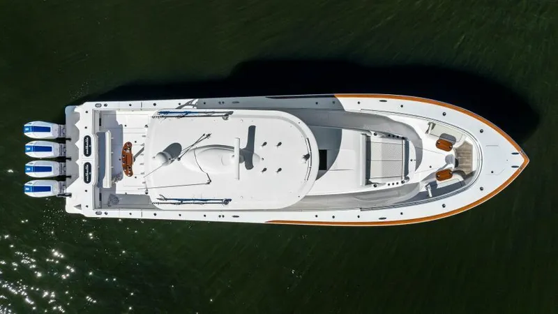 Slide: The Image of Aerial view of 2024 Valhalla Boatworks V55 luxury boat on water. - 53