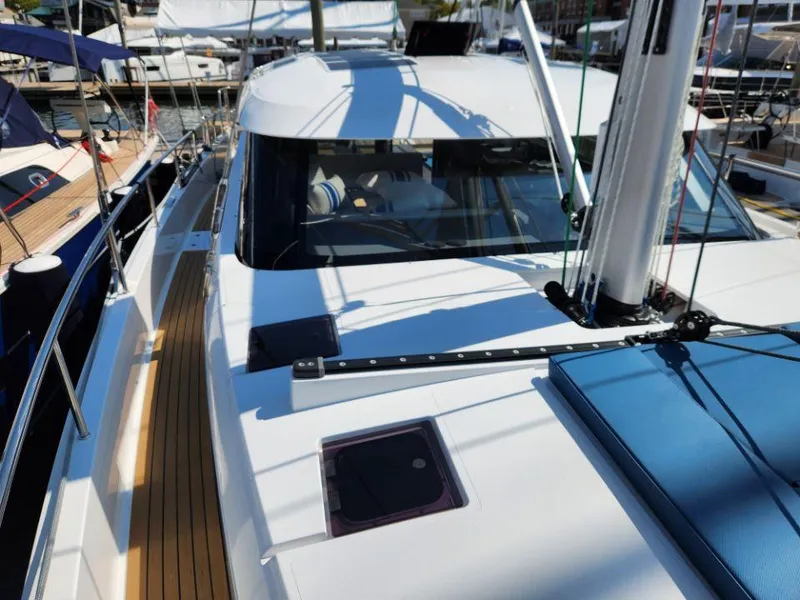 Slide: The Image of 2025 Moody 48 DS yacht deck with sleek design and modern features. - 17