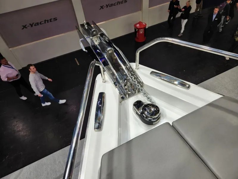 Slide: The Image of Moody 48 DS yacht deck detail at a boat show, 2025 model. - 8