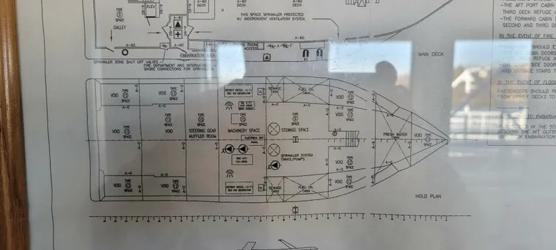 Slide: The Image of Blueprint of Blount 130 Dinner Cruise ship, 1979, showing deck layout and cabin details. - 19