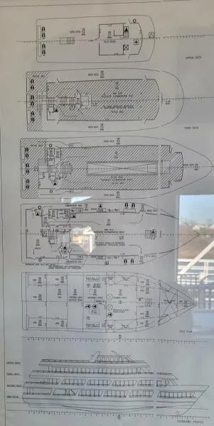 Slide: The Image of Blueprint of 1979 Blount 130 Dinner Cruise ship, detailed deck plans and side view. - 20