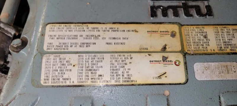 Slide: The Image of Close-up of Detroit Diesel engine specifications on a Blount 130 Dinner Cruise, 1979 model. - 29
