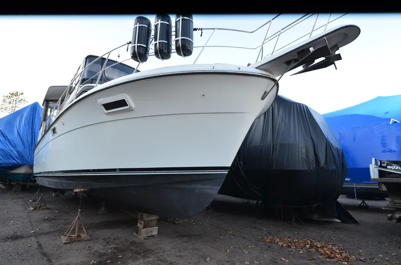 Slide: The Image of 1988 Carver 4207 Aft Cabin MY yacht on dry dock, covered for storage. - 37