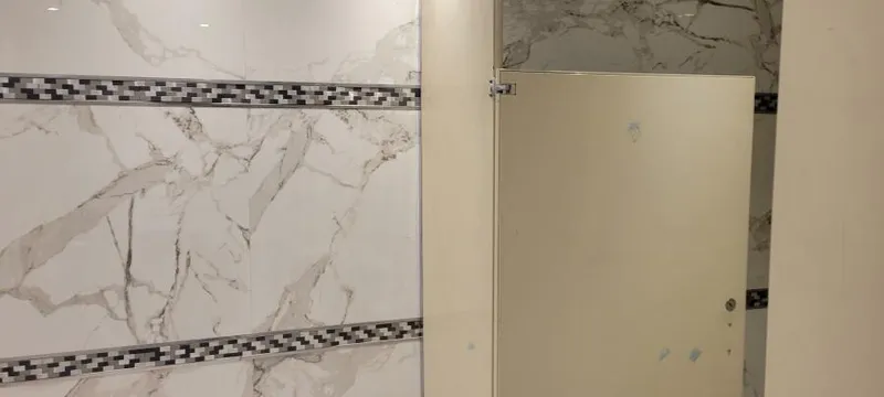 Slide: The Image of Marble-tiled bathroom with a stall door, featuring decorative border tiles. - 16