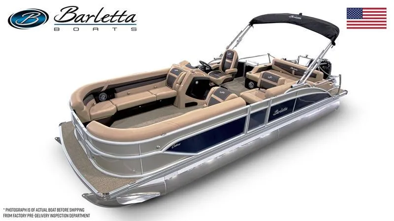Slide: The Image of 2025 Barletta C24U pontoon boat with luxurious seating and sleek design. - 2