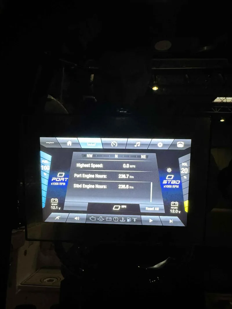 Slide: The Image of Yamaha Boats 2023 255FSH SPORT E dashboard display showing engine hours and speed. - 12