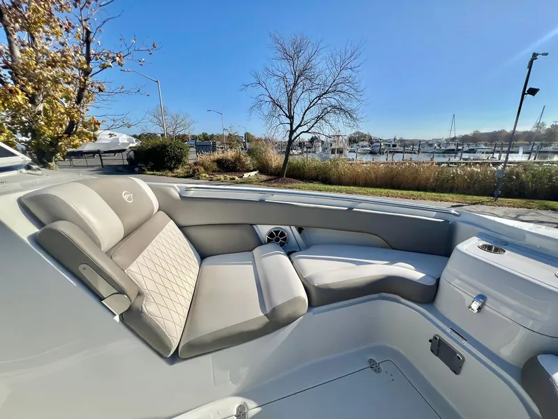 Slide: The Image of Luxurious seating on 2025 Crownline 280 DC boat, dockside view. - 14