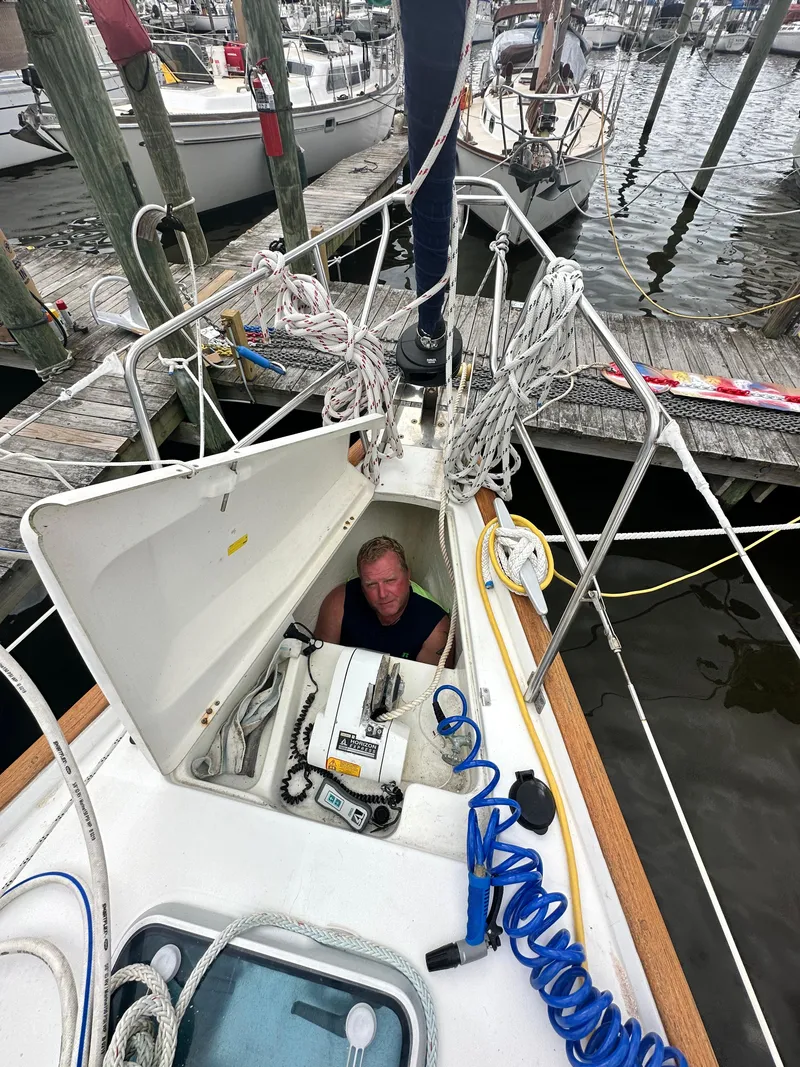 Slide: The Image of Close-up of a Beneteau Oceanis Clipper 461's rigging, showcasing sturdy Dyneema life lines all new in 2023 - 34