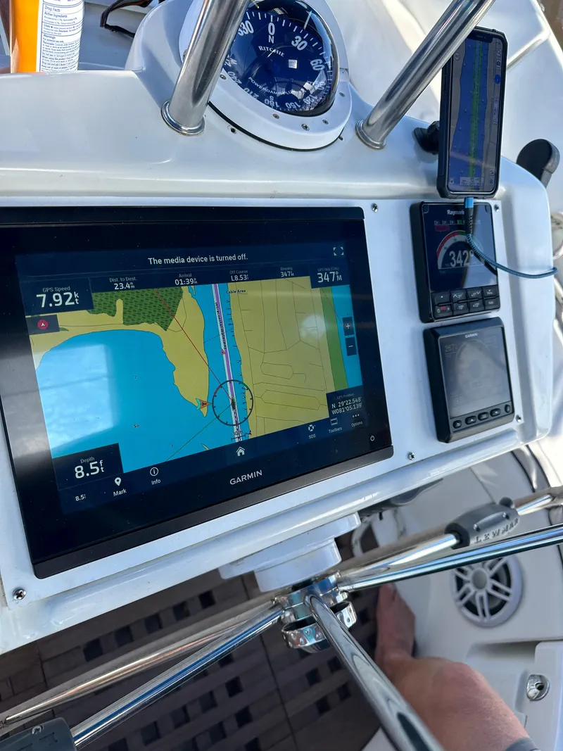 Slide: The Image of Control panel of a 1999 Beneteau Oceanis Clipper 461 sailboat with wooden deck. - 43