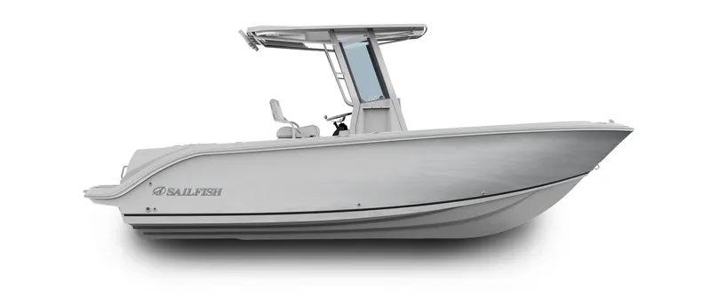 Slide: The Image of 2025 Sailfish 232 CC boat, side view, sleek design, white hull. - 25