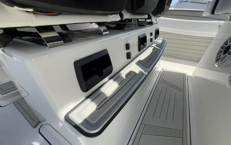 Slide: The Image of 2024 Blackfin 400 CC boat interior with sleek seating and modern design features. - 46