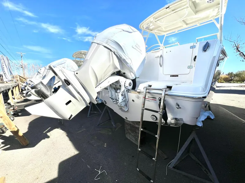 Slide: The Image of 2025 Sailfish 245 DC boat with dual outboard motors and ladder, displayed outdoors. - 31