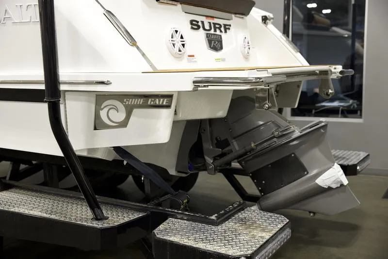 Slide: The Image of 2025 Cobalt R4 Surf boat with Surf Gate technology, rear view. - 4