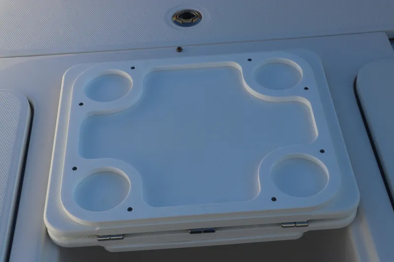 Slide: The Image of 2025 Edgewater 248 CX boat interior with seating and speakers. - 38