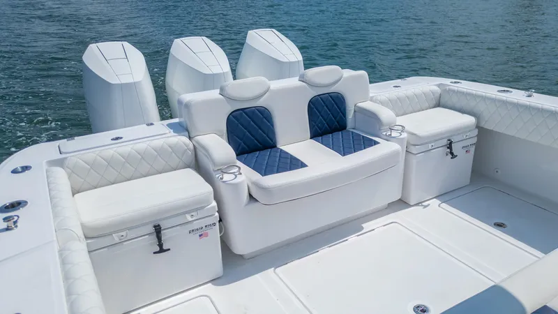 Slide: The Image of Luxurious seating on 2025 HCB 39 Speciale boat with quad engines. - 4