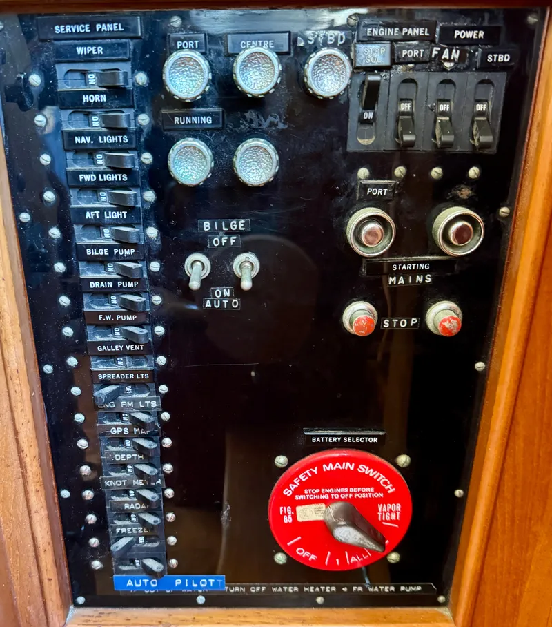 Slide: The Image of Control panel of a 1979 Grand Banks Classic boat with various switches and indicators. - 20