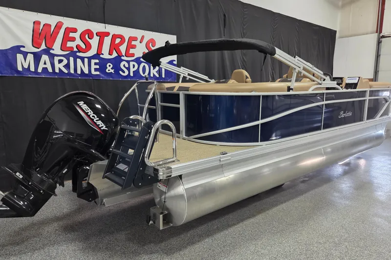 The Image of 2025 Barletta Cabrio 22QC pontoon boat with sleek blue design and tan seating. - 0