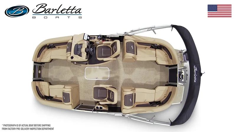 Slide: The Image of 2025 Barletta Cabrio 22QC pontoon boat, top view, beige seating, black canopy, American flag. - 20