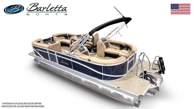 Slide: The Image of 2025 Barletta Cabrio 22QC pontoon boat with powerful 140 HP outboard motor in showroom. - 3
