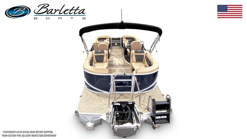 Slide: The Image of 2025 Barletta Cabrio 22QC pontoon boat interior with tan seating and spacious layout. - 4