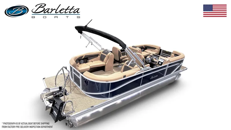 Slide: The Image of Luxurious seating in 2025 Barletta Cabrio 22QC pontoon boat, featuring beige and black upholstery. - 5