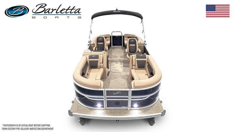 Slide: The Image of 2025 Barletta Cabrio 22QC boat interior with tan seating and steering console. - 7
