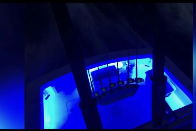 Slide: The Image of Viking 43 Convertible Sportfish 1996 with blue underwater lights at night. - 29
