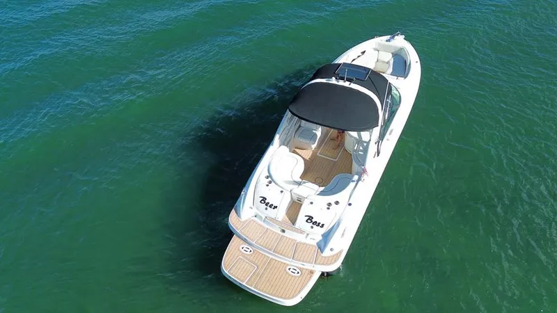Slide: The Image of 2008 Sea Ray 290 SLX boat cruising on clear green water. - 19