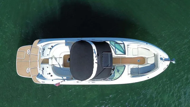 Slide: The Image of Aerial view of 2008 Sea Ray 290 SLX boat on water. - 21