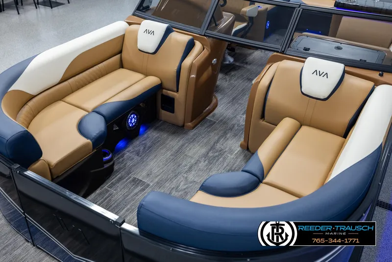 Slide: The Image of Luxurious 2025 Avalon LSZ ELW boat interior with plush seating and modern design. - 10