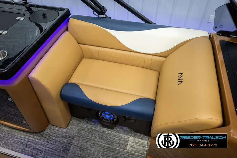 Slide: The Image of Luxurious seating in 2025 Avalon LSZ ELW boat with modern design and ambient lighting. - 21